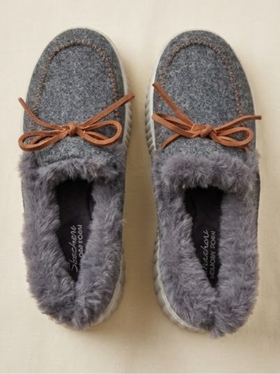 Skechers Shoes - Skechers Cozy Ojai Dark Gray Faux Fur Bow Slippers